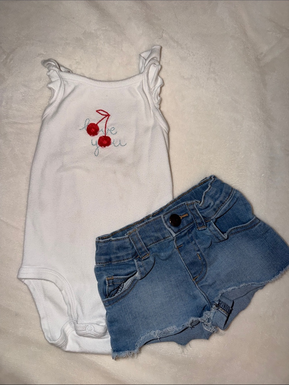 child of mine White Bodysuit with Red Cherry Embroidery & Blue Denim Shorts